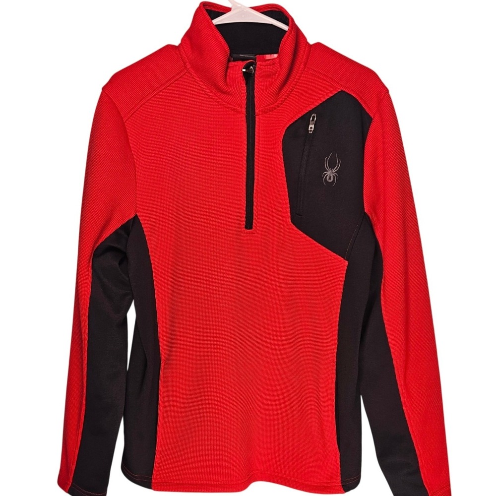 Spyder Mens Red Black Waffle Knit Quarter Zip Pullover M Gorpcore Outdoor Winter